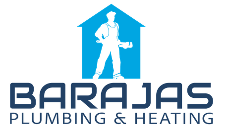 Logo for Barajas Plumbing & Heating featuring a blue silhouette of a plumber holding a wrench inside a house outline.