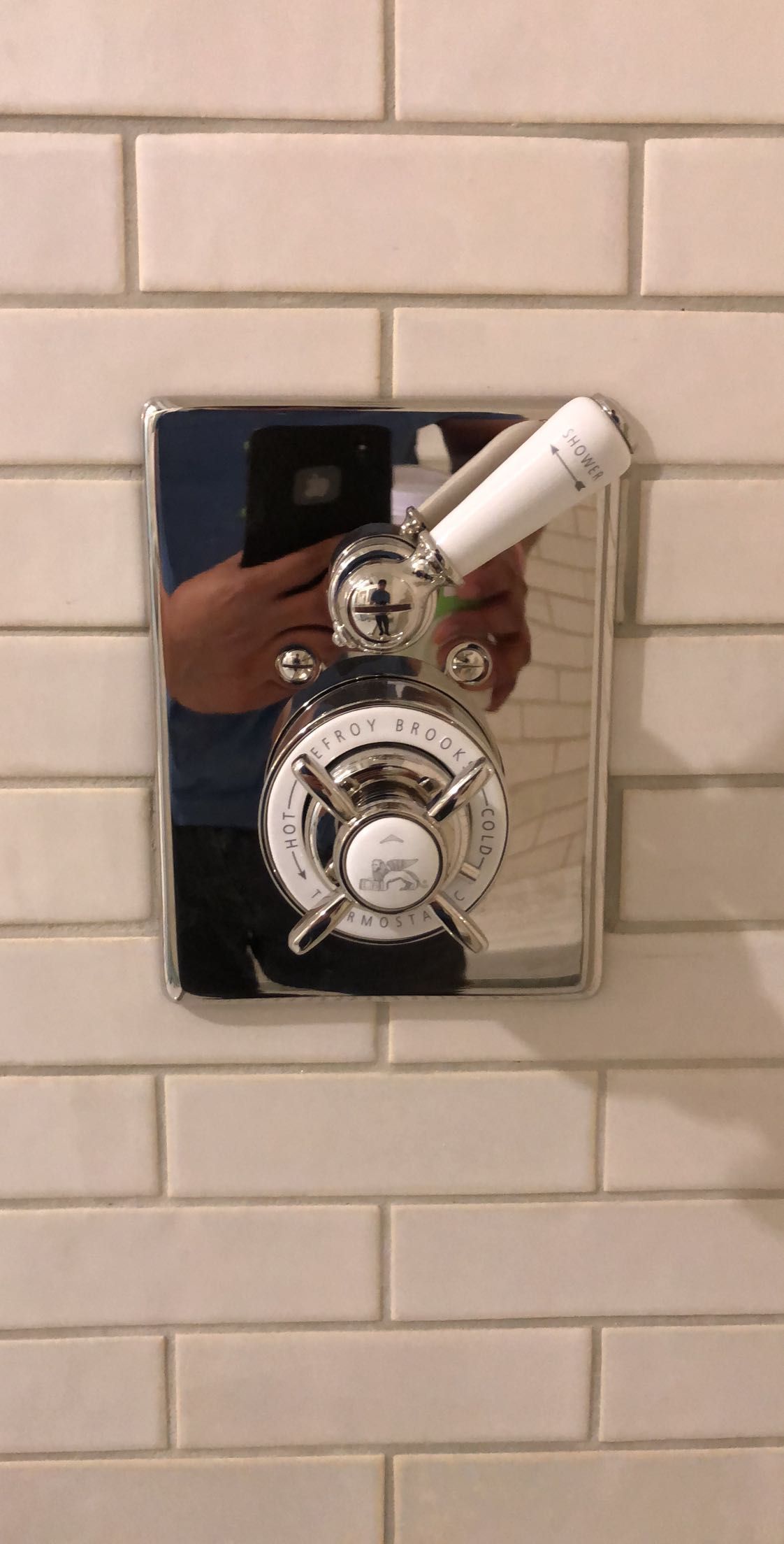 Chrome shower control on white tiled wall. Dial for temperature and lever for water flow.