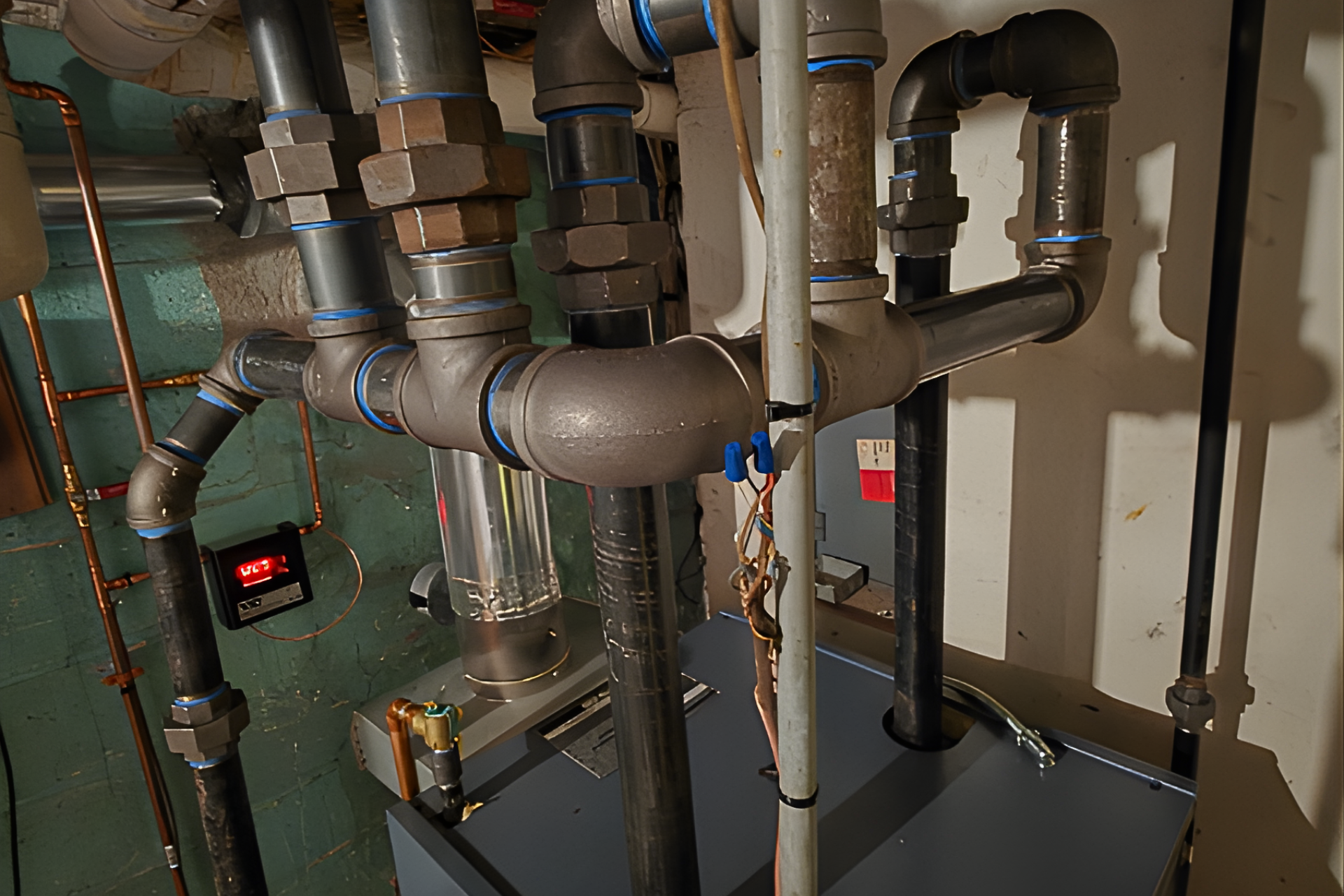 Basement utility room with pipes, valves, gauges, and heating equipment.