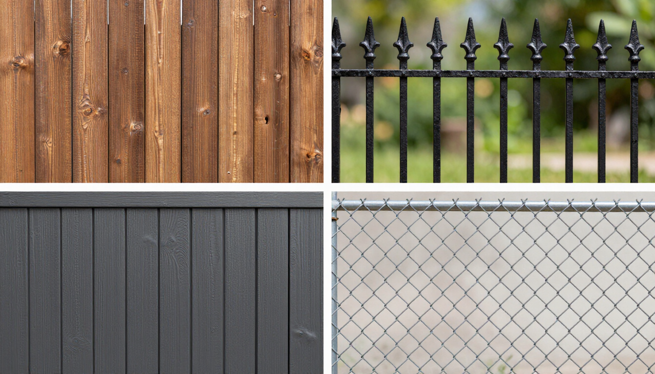 Four fence styles: brown wood, black wrought iron, gray wood, and chain-link fences.