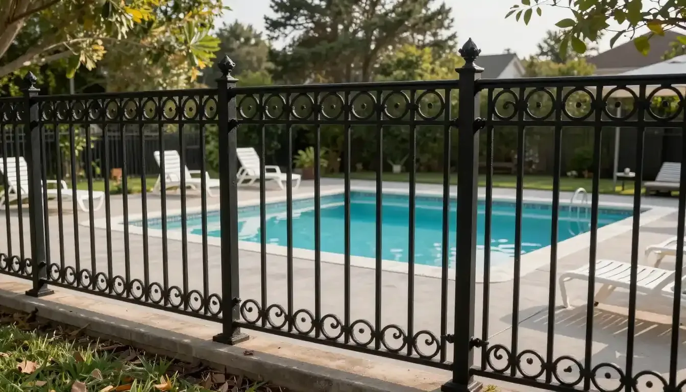 Outdoor swimming pool behind a black wrought-iron fence with lounge chairs and trees nearby