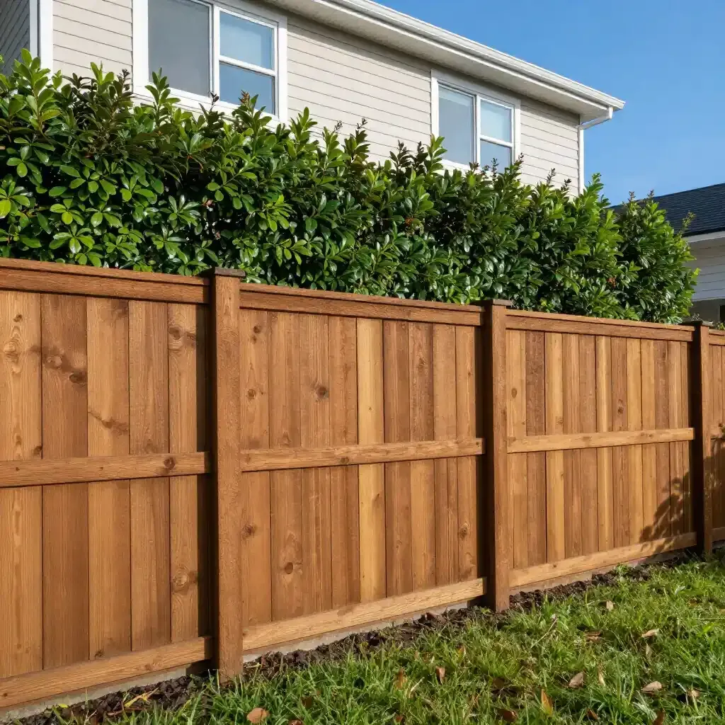 Wooden privacy fence in a suburban backyard with green shrubs and a house behind it.