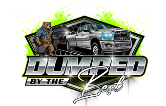 Logo with a silver pickup truck, a muscular character, and neon green splatter reading “Dumped by the Best”