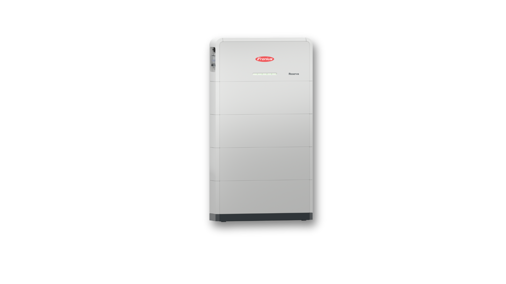 A white refrigerator with a red logo on it is on a white background.