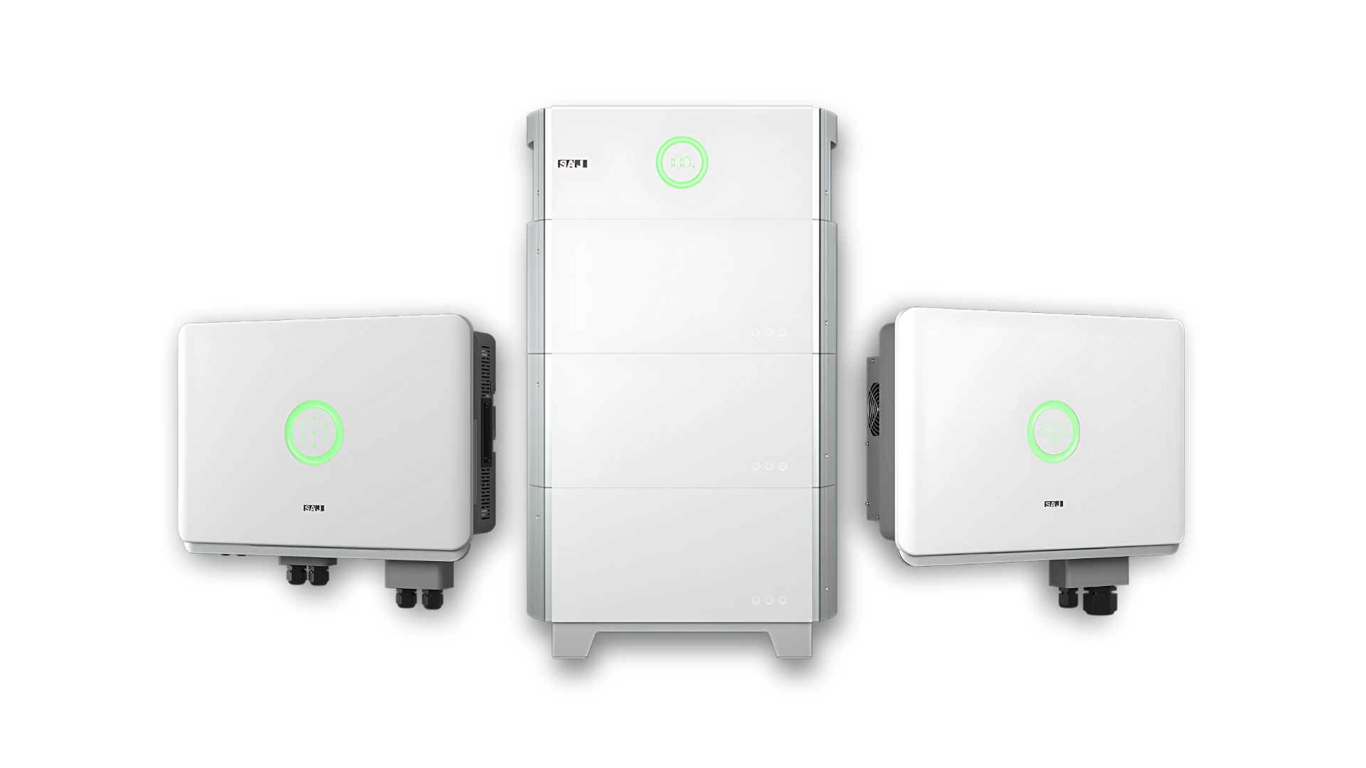 Three white solar panels are sitting next to each other on a white background.