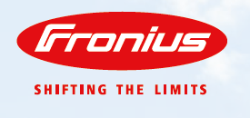A red and white logo for fronius shifting the limits