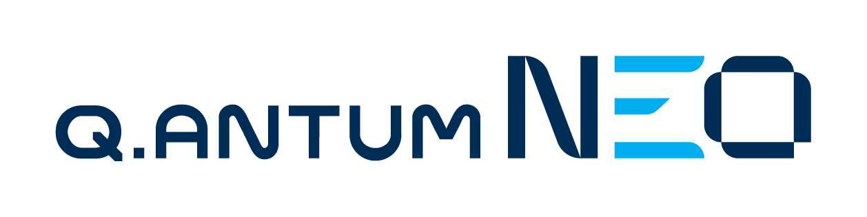 The logo for quantum neo is blue and white on a white background.