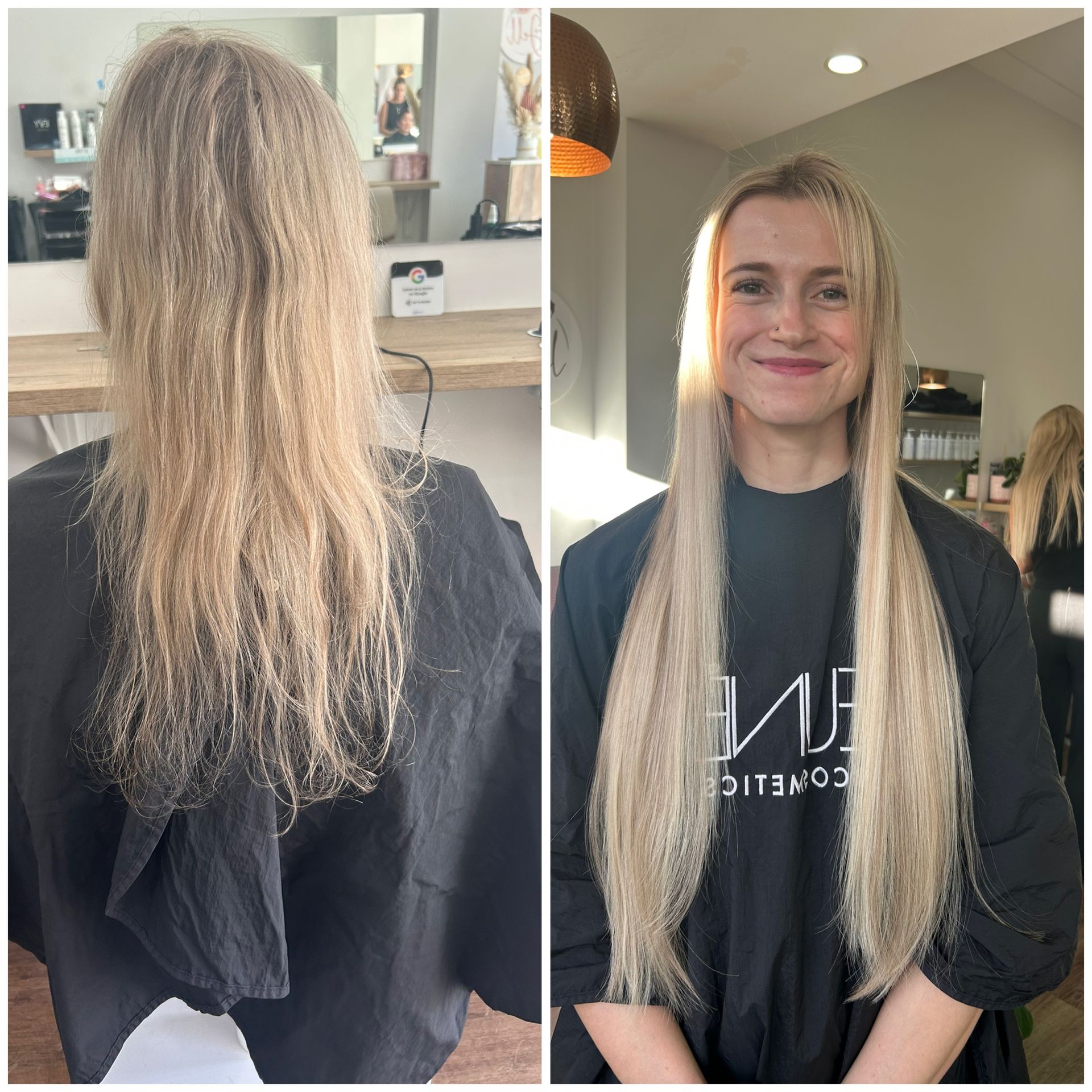 A Before And After Photo Of A Woman With Long Blonde Hair — Hair By Jell In Cannonvale, QLD