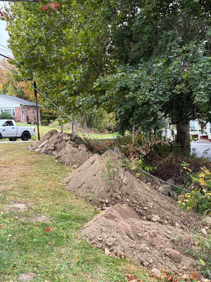Dirt piles along a grassy roadside beneath trees, with a white pickup truck parked nearby.