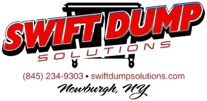 Swift Dump Solutions logo with red black text, phone number, website, and &ldquo;Newburgh, NY&rdquo; on white background