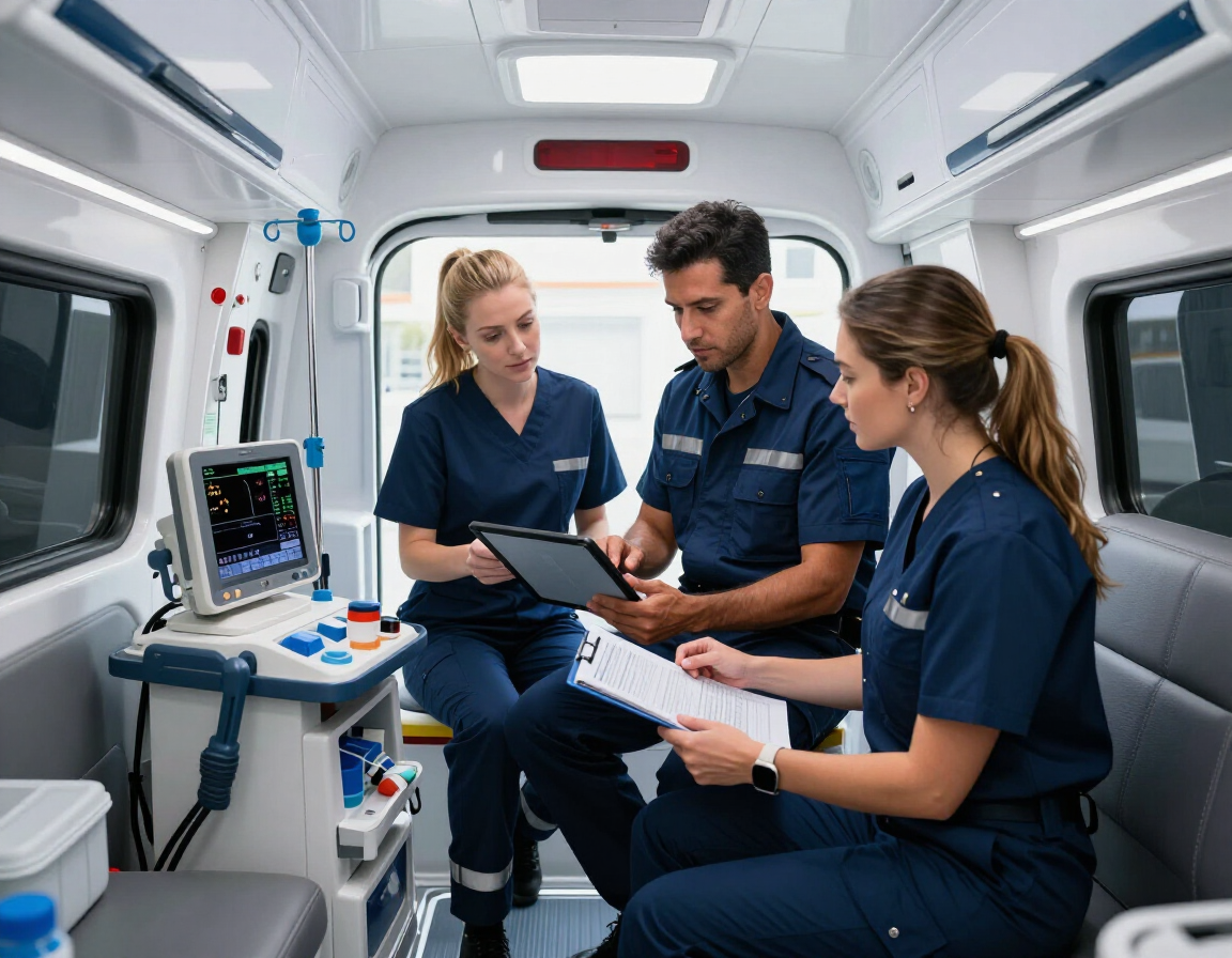 Personal médico revisando equipo de atención prehospitalaria
