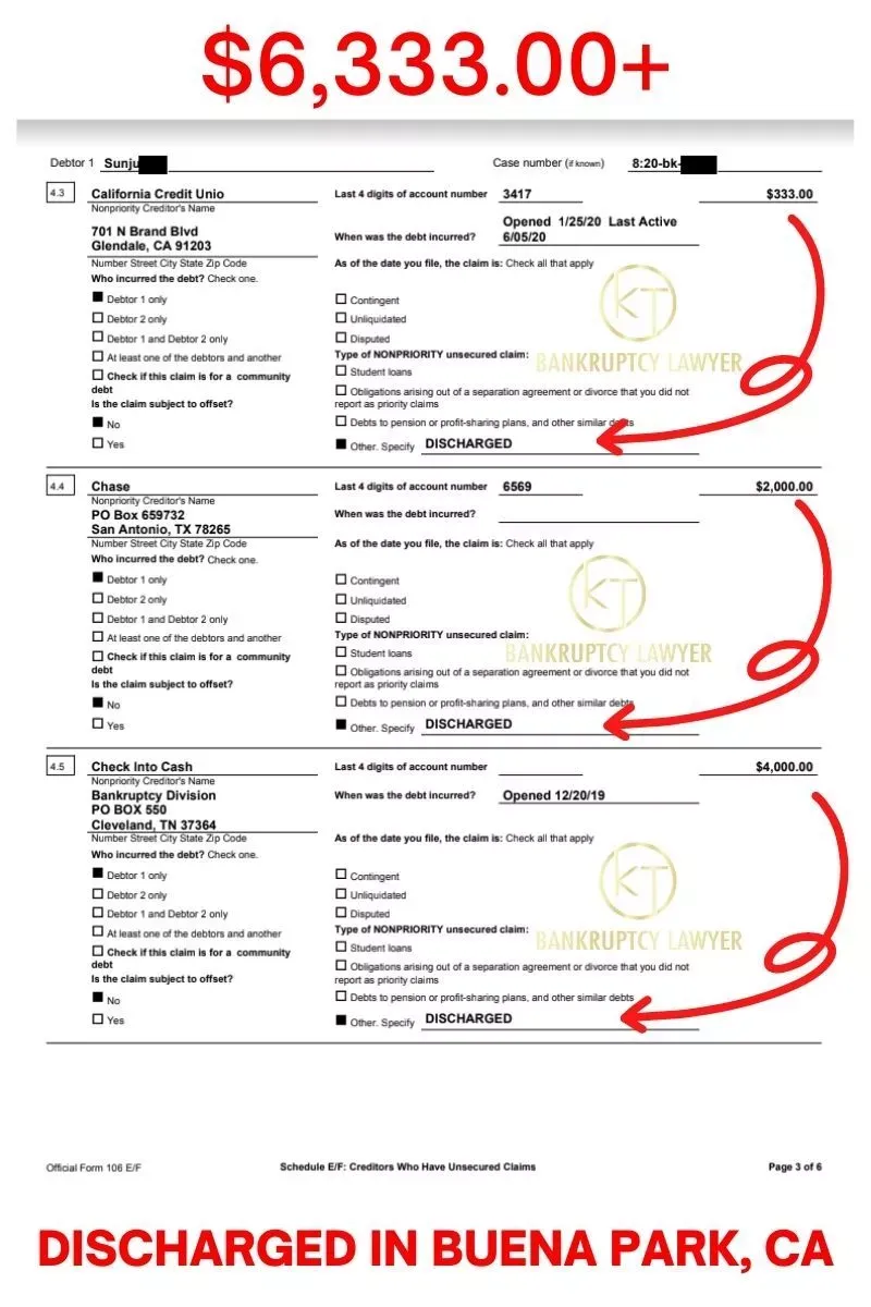 A screenshot showing credit card and loan discharges as a result of bankruptcy services.