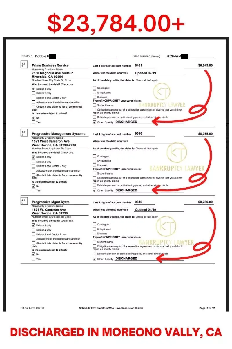 A screenshot showing credit card and loan discharges as a result of bankruptcy services.