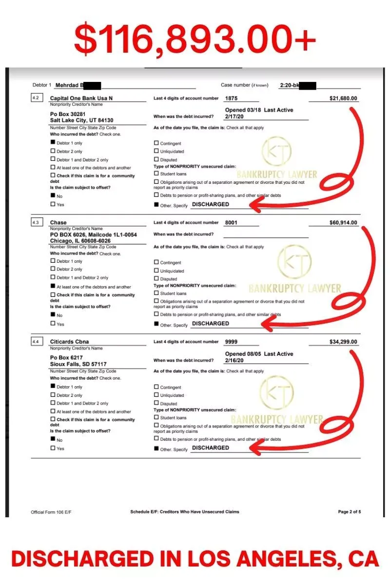 A screenshot showing credit card and loan discharges as a result of bankruptcy services.
