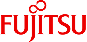Logo Fujitsu en rouge, symbole de l'infini au-dessus du texte.