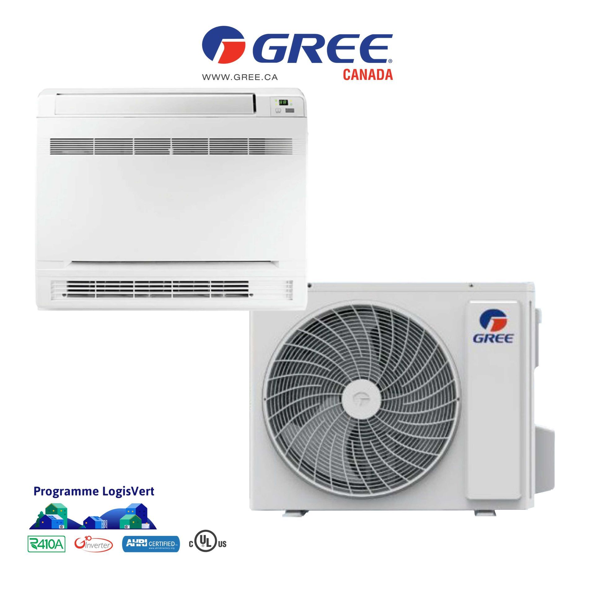 Climatiseur Gree Canada. Unité intérieure blanche, rectangulaire. Unité extérieure blanche, ventilateur circulaire.