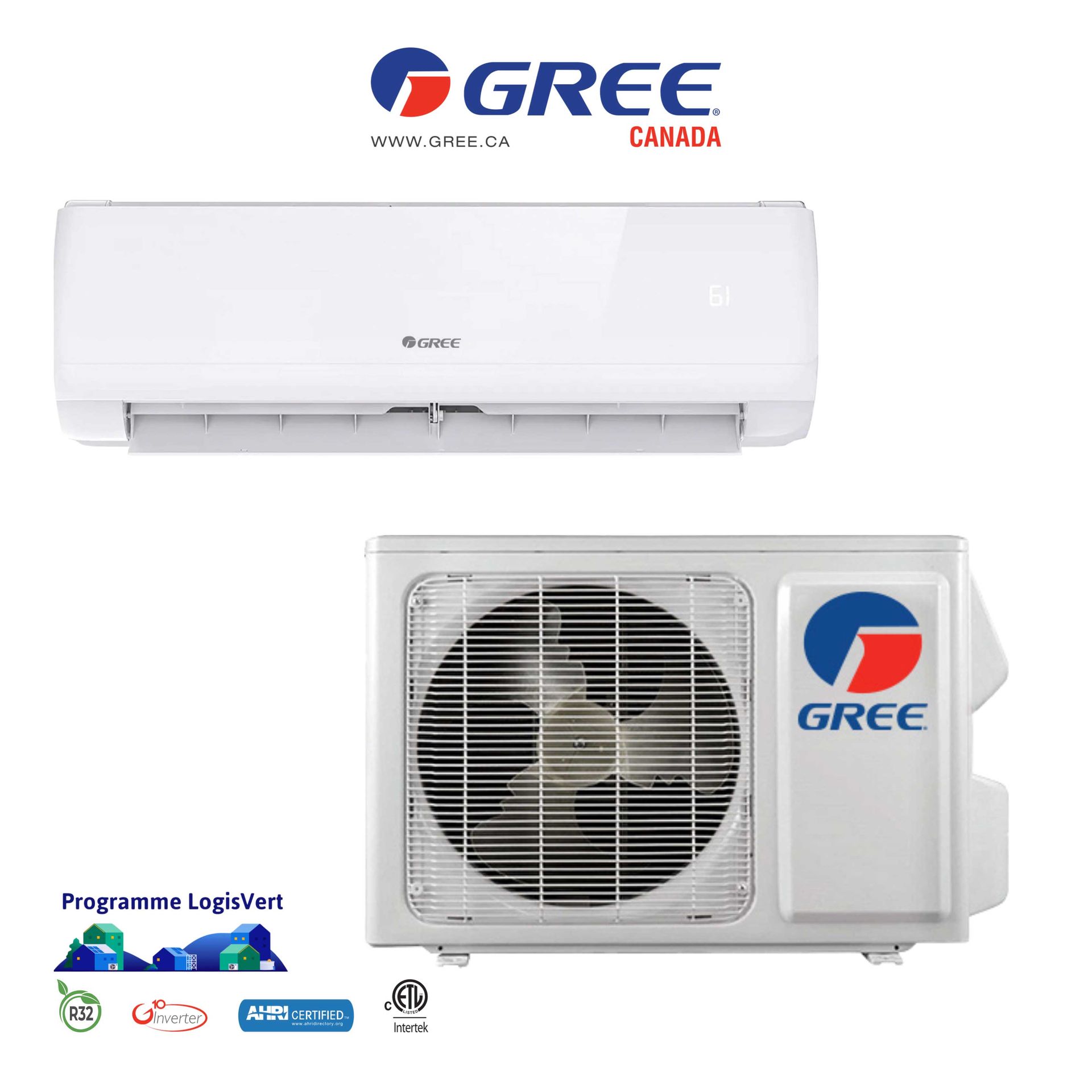 Système de climatisation split Gree Canada, comprenant une unité intérieure et un condenseur extérieur. Blanc, avec le logo Gree.