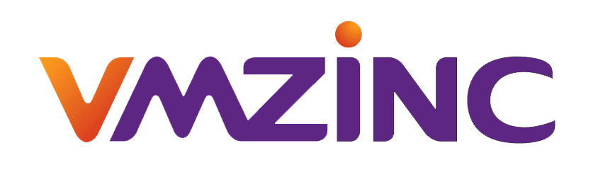 Logo de VMZINC, une entreprise dont le texte est violet et orange. Un point orange est placé au-dessus du « M ».