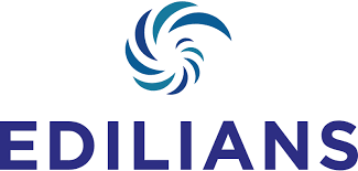 Logo pour Edilians, texte bleu foncé sous un motif abstrait tourbillonnant avec des arcs bleu-vert.