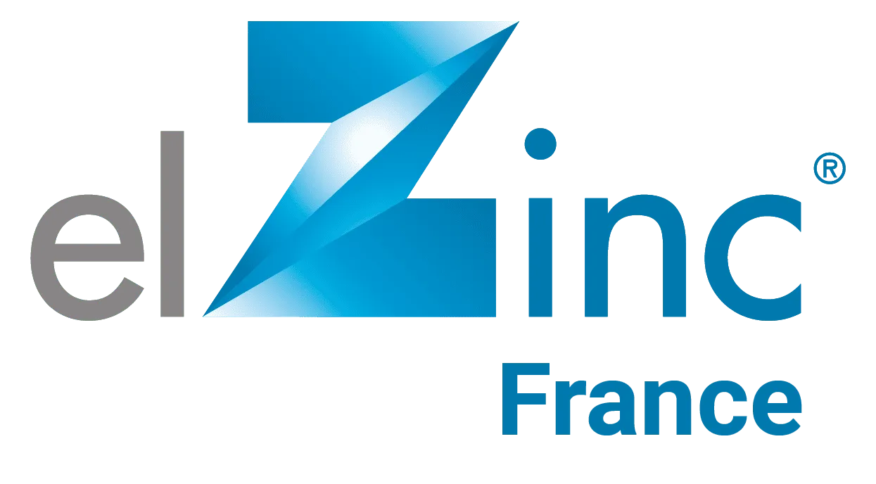 Logo d'Elzinc France : texte gris et bleu avec un « Z » stylisé en bleu.