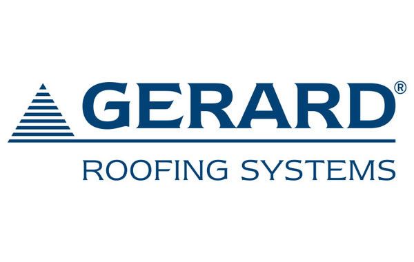 Logo de Gerard Roofing Systems : texte bleu et toit stylisé au-dessus du mot « GERARD ».