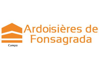 Logo orange : Ardoisières de Fonsagrada, avec un symbole en forme de toit, « Campo » en dessous.