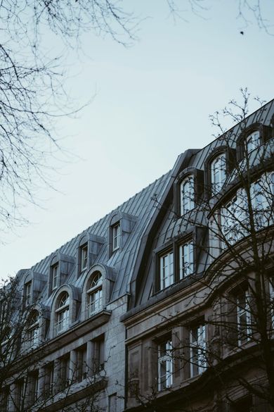 Bâtiment gris au toit incurvé, avec des fenêtres et des branches d'arbres dénudées se détachant sur un ciel bleu clair.