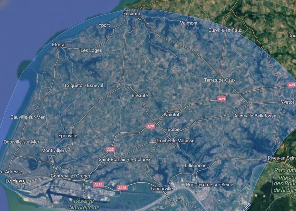 Vue satellite d'une région côtière française, avec un cercle bleu superposé.