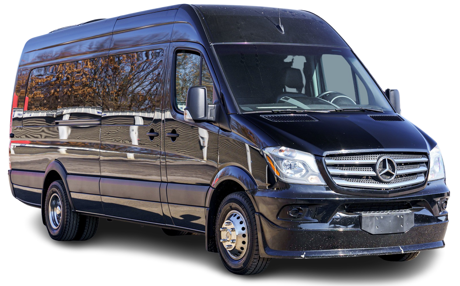Black Mercedes-Benz Sprinter van, front view, against a white background.