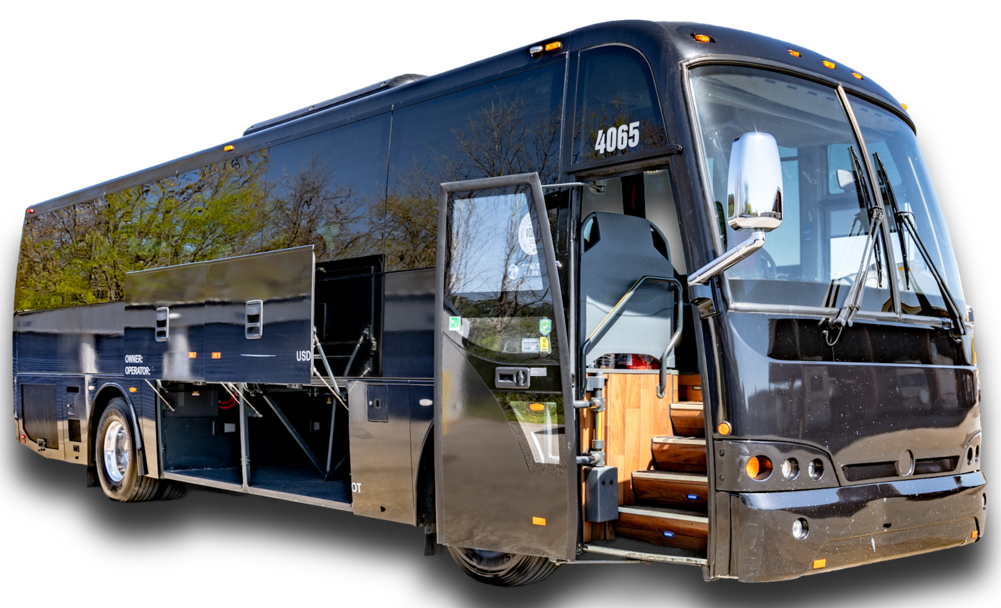 Black charter bus with open doors and luggage compartments.