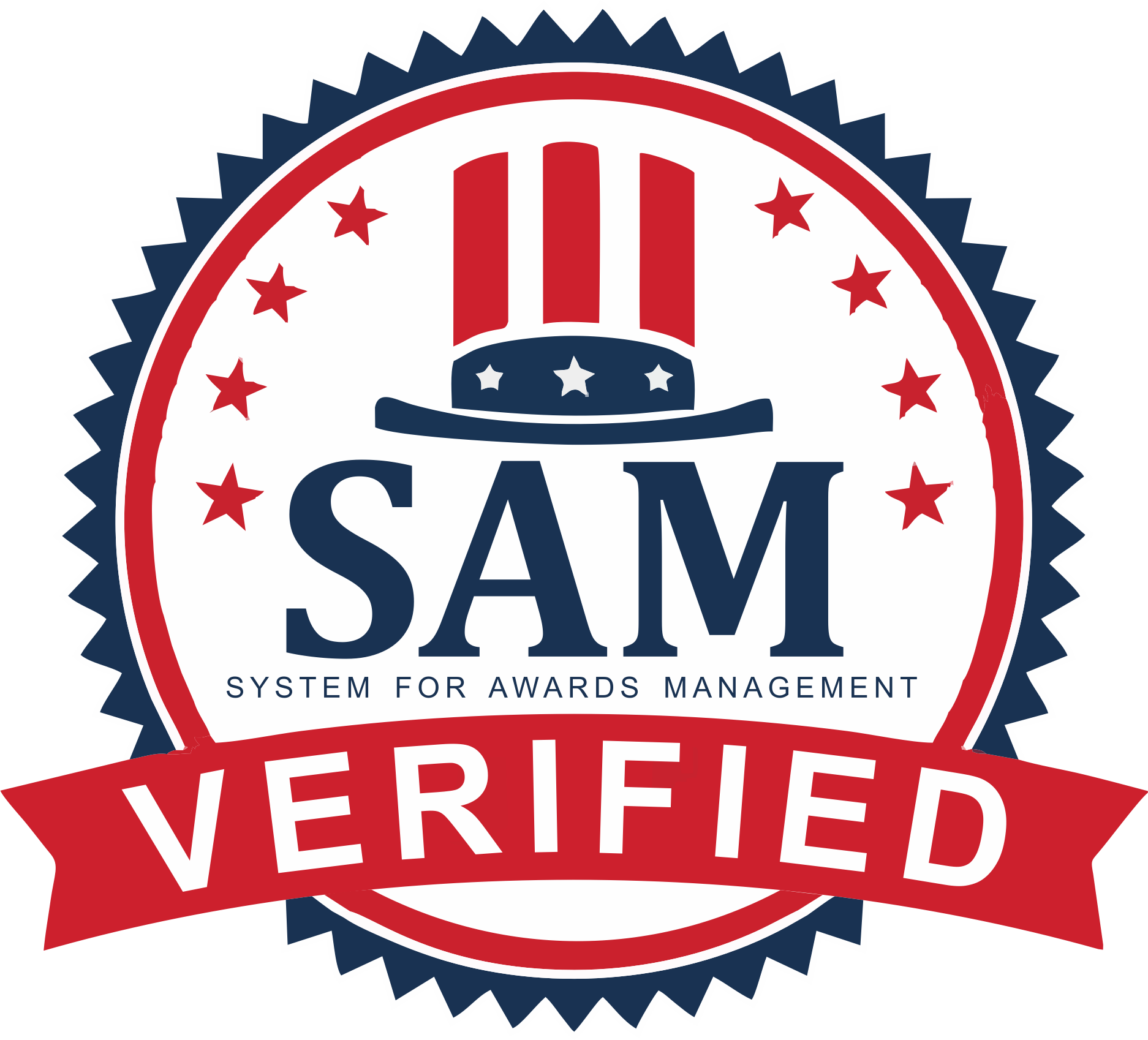 SAM Verified logo: Red, white, and blue seal with Uncle Sam hat and text