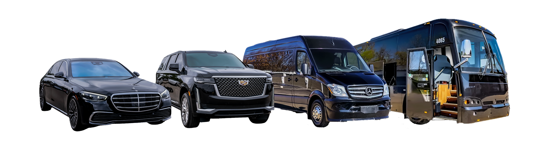 Four black vehicles in a row: a sedan, an SUV, a van, and a bus.