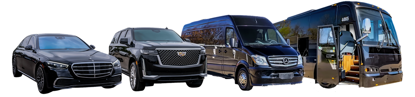Four black vehicles, a sedan, SUV, van, and bus, lined up.