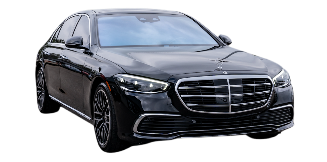 Black Mercedes-Benz S-Class sedan. Front view, shiny finish, against a white background.