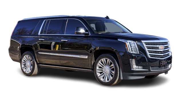 Black Cadillac Escalade SUV, parked, angled view.