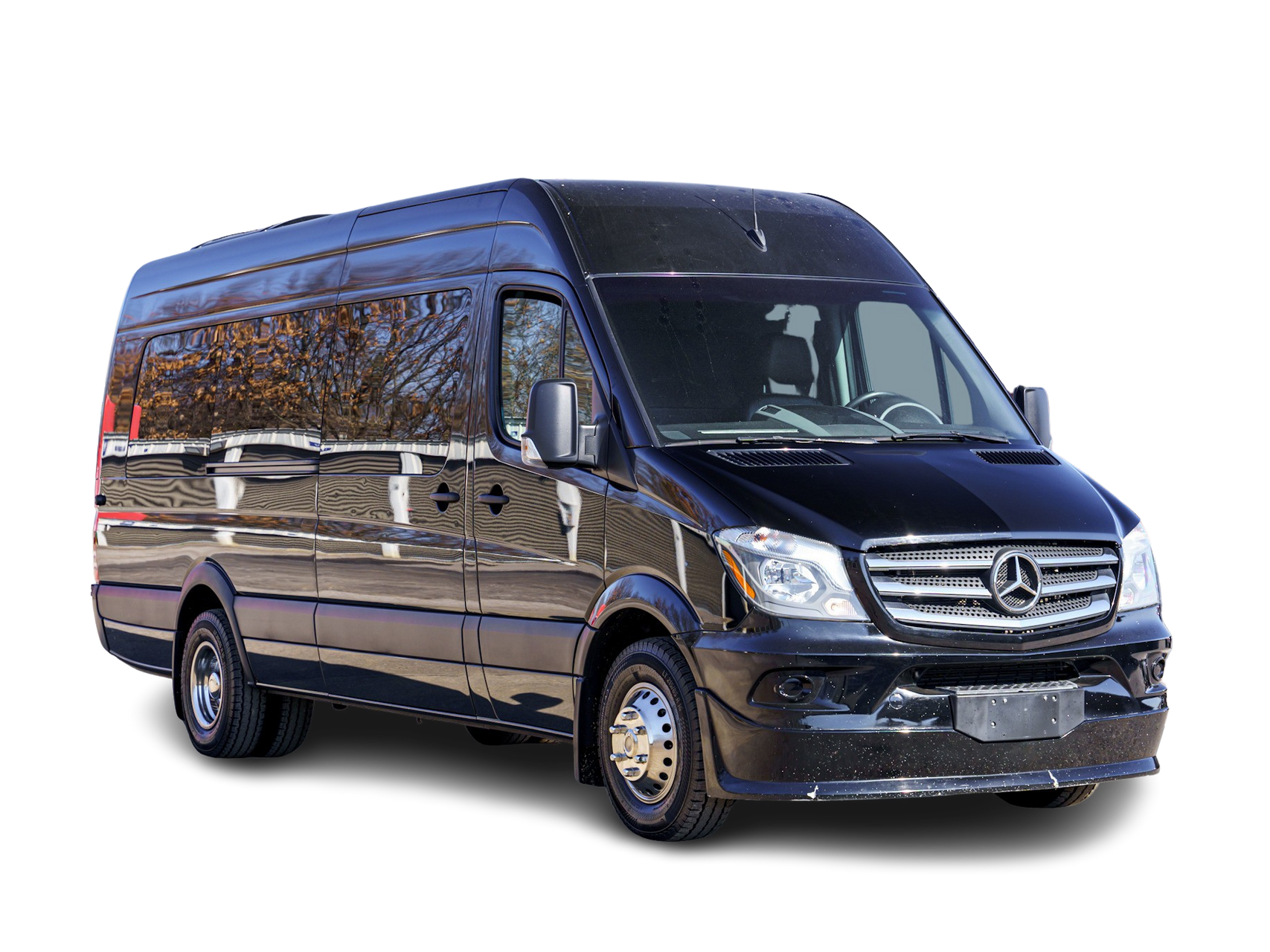 Black Mercedes-Benz Sprinter van, parked outdoors, shiny exterior.