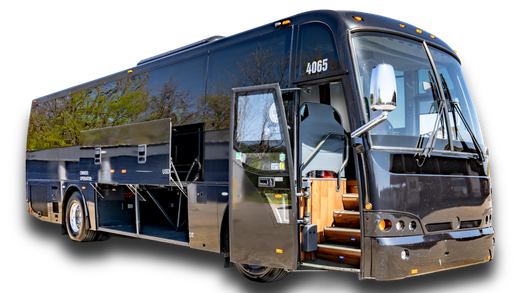 Black charter bus with open doors and luggage compartments.