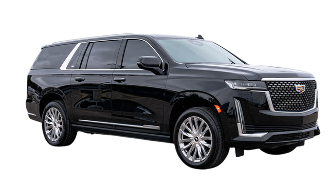 Black Cadillac Escalade SUV with chrome accents.