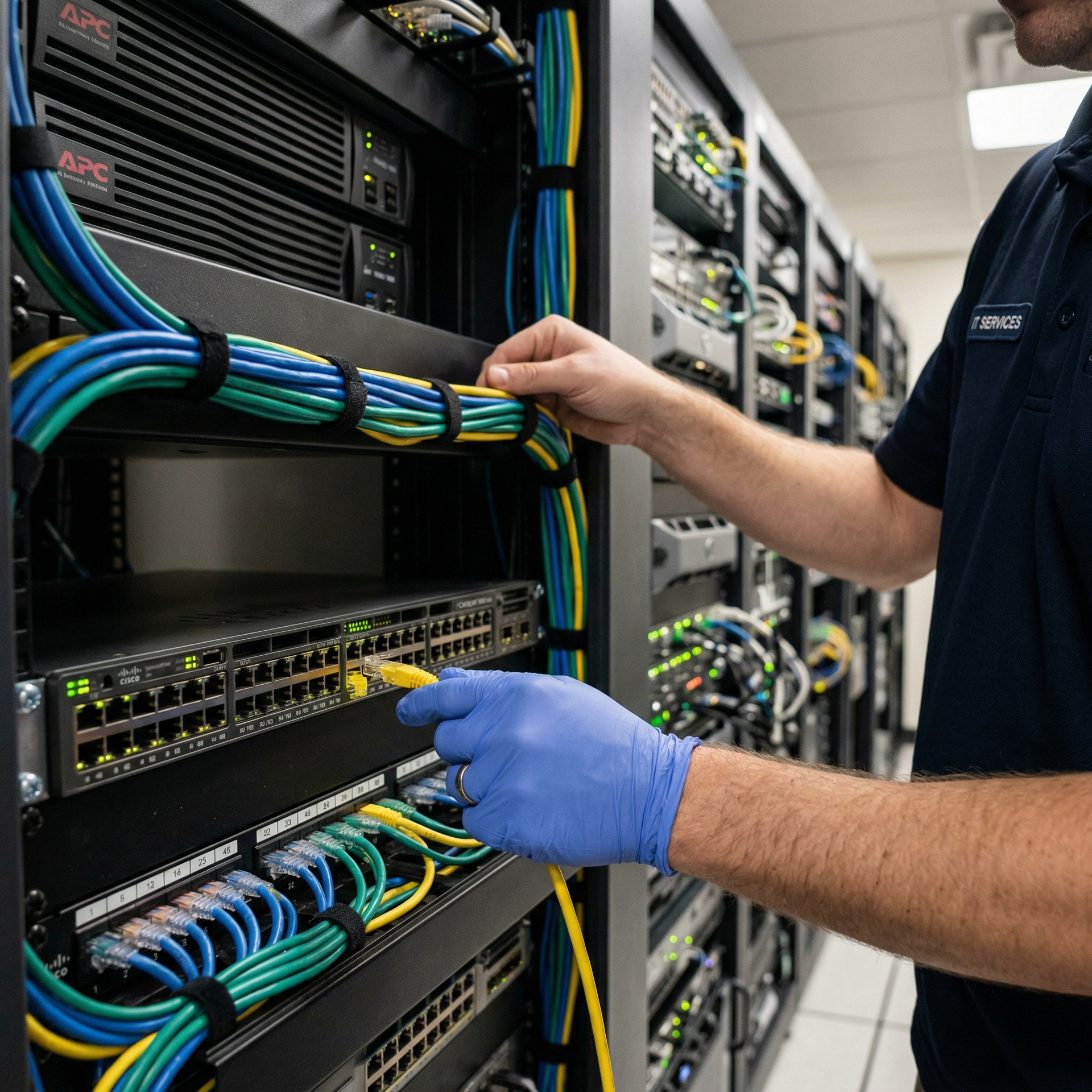 A person wearing blue gloves inserts a yellow network cable into a server rack within a data center.
