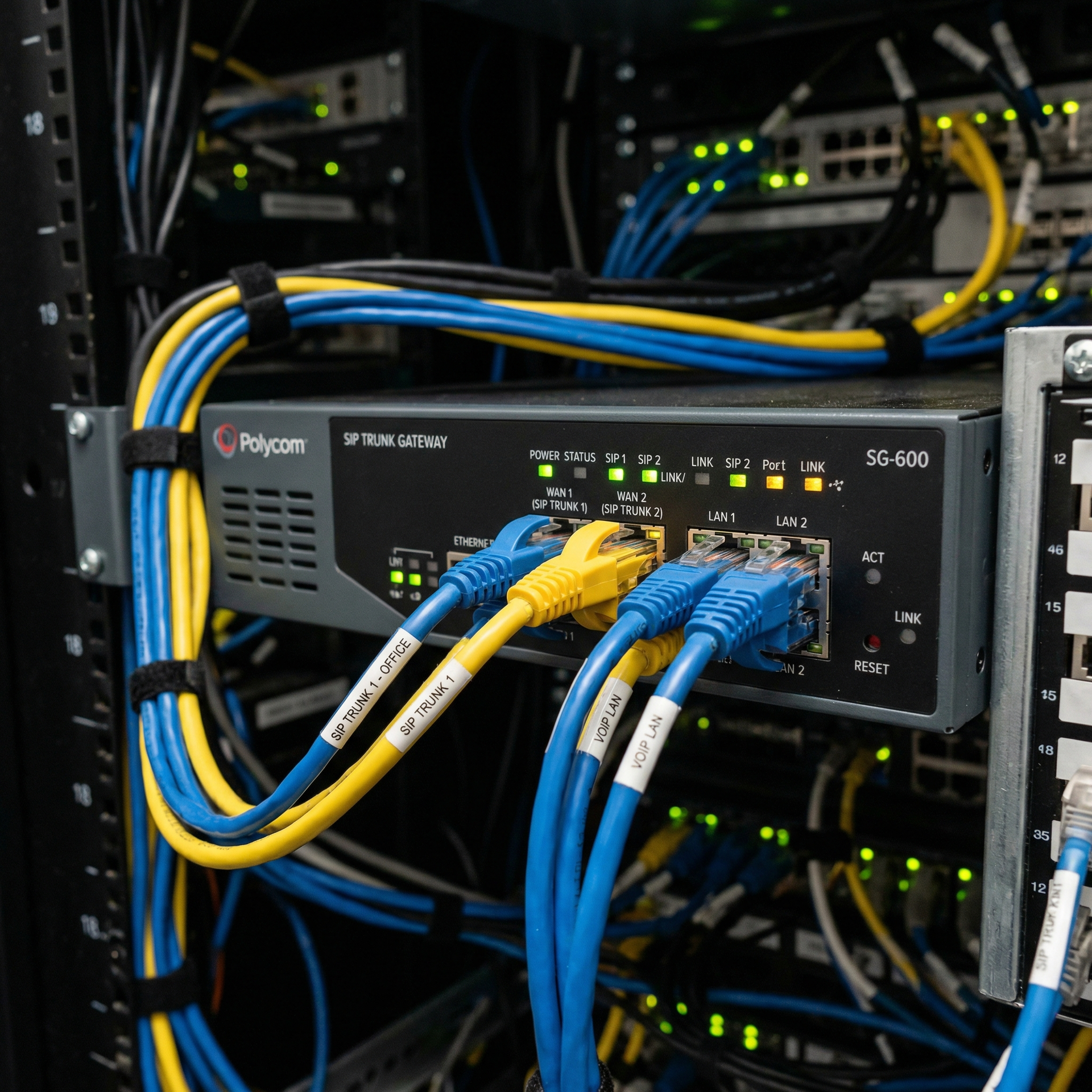 A Polycom SS600 server unit in a rack with multiple blue and yellow Ethernet cables connected to its front ports.