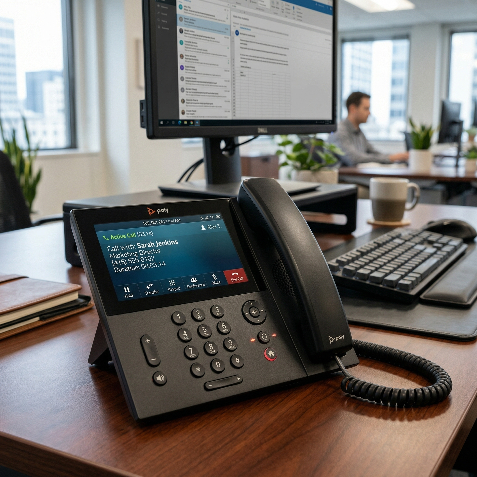 A VoIP desk phone sits on a wooden office desk in the foreground, with a monitor and a blurred office background.