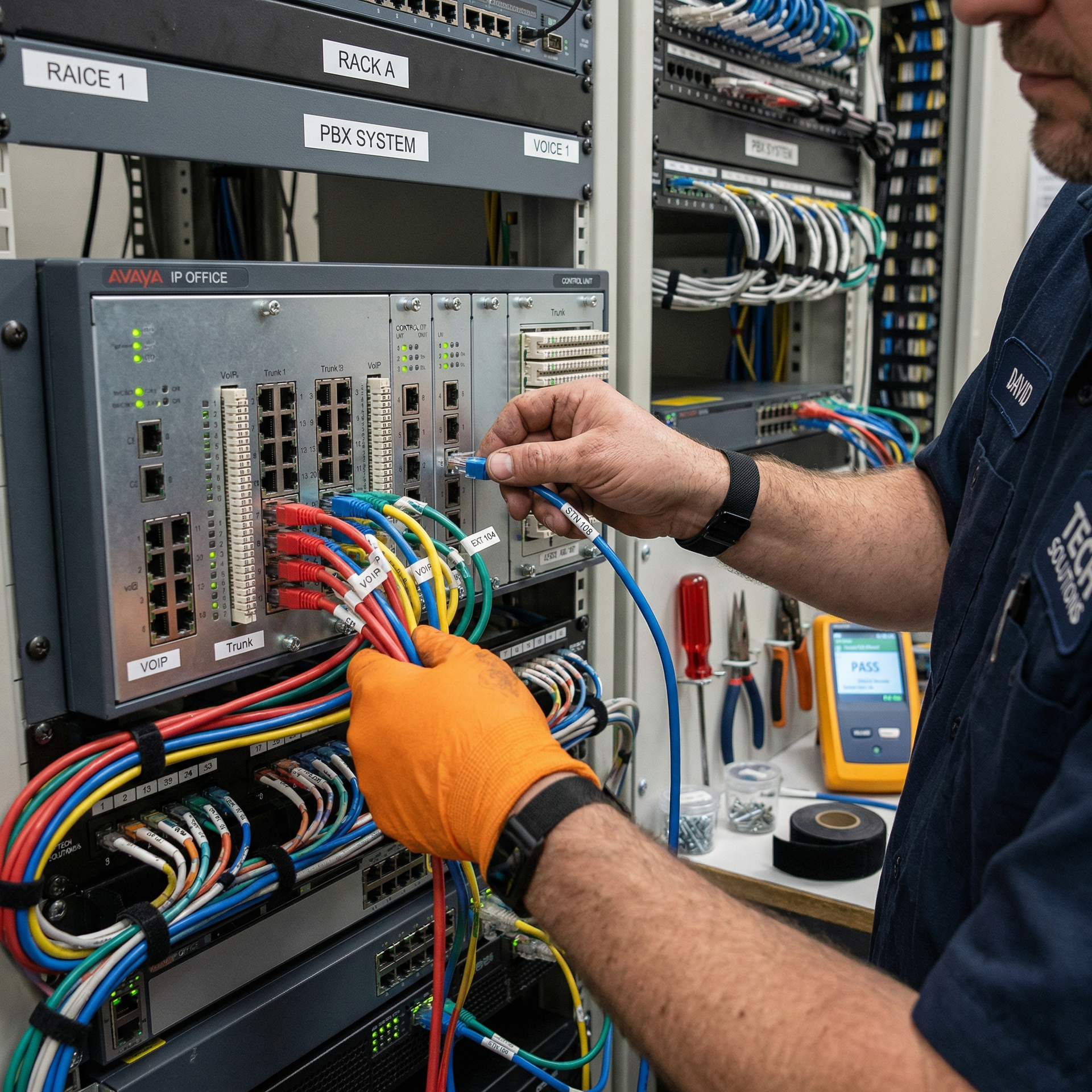A technician wearing an orange glove inserts a blue network cable into a server rack amidst organized multicolored wiring.