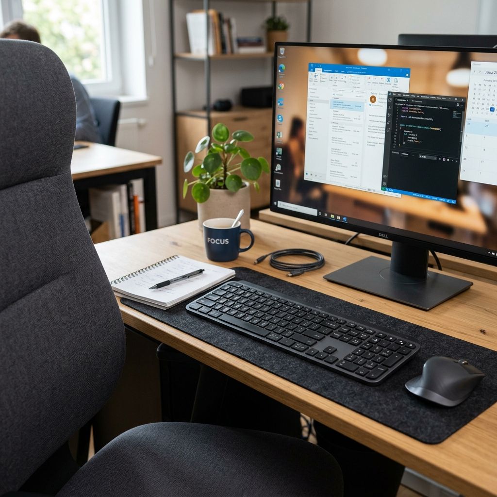 A desk with a computer monitor, keyboard, mouse, a notebook, and a small potted plant in a bright office workspace.