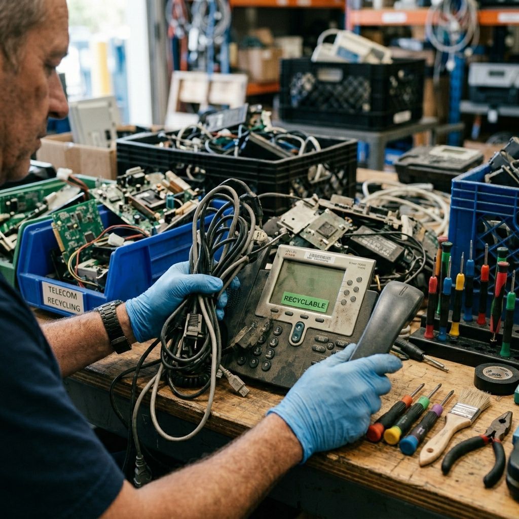 A person wearing blue gloves repairs an office phone at a workbench filled with electronic parts and tools.