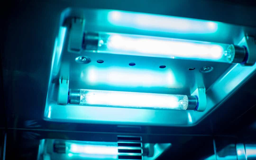 Blue ultraviolet lights inside a metal fixture