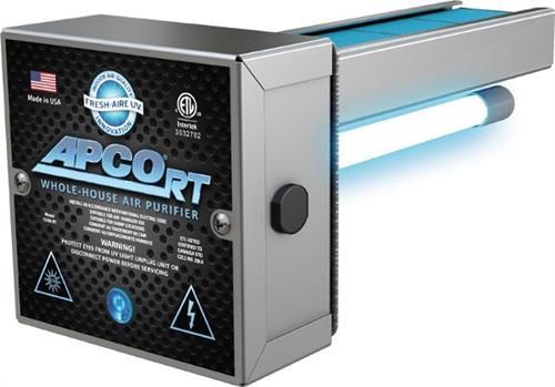 APCORT 3D holographic advertising projector with blue light beam on a black and silver casing