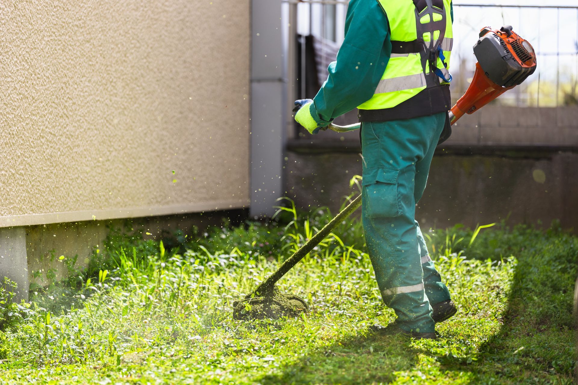 Person using a string trimmer to cut grass beside a building, with fresh clippings spraying.