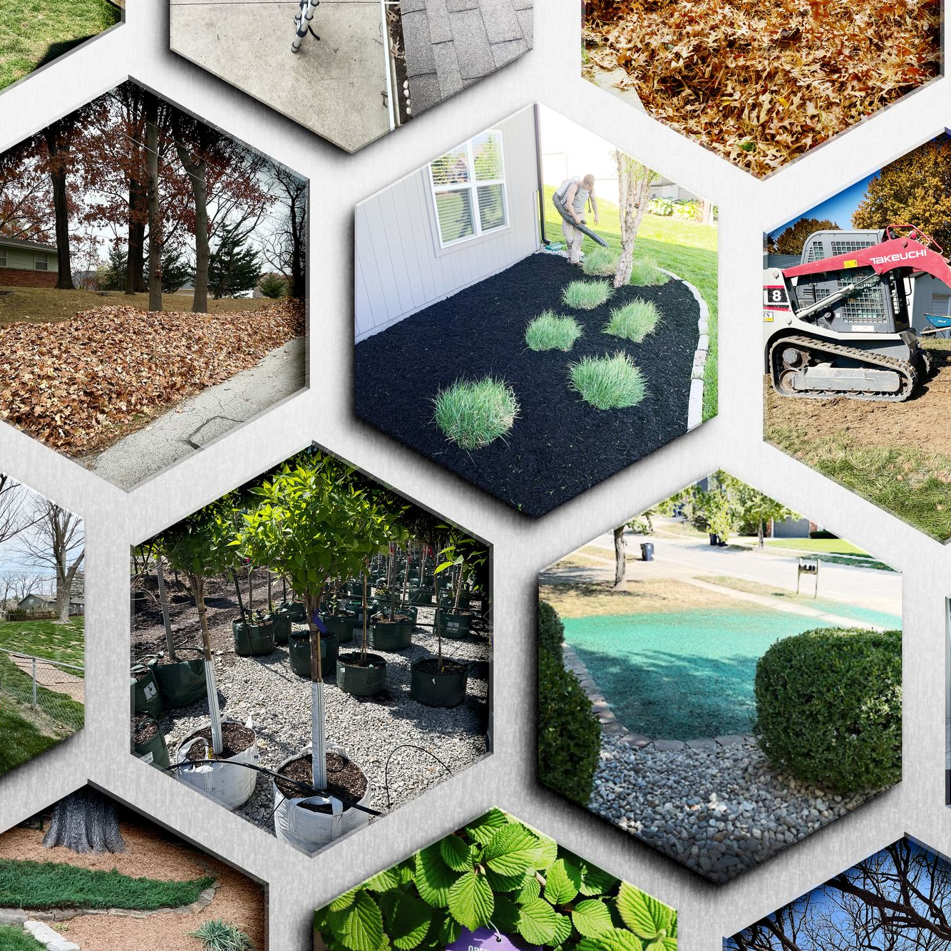 Landscaping and gardening images arranged in a honeycomb pattern, featuring mulch, trees, and construction equipment.