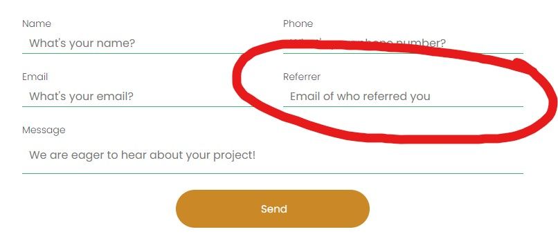 A screen shot of a form with a red circle around the email of who referred you.