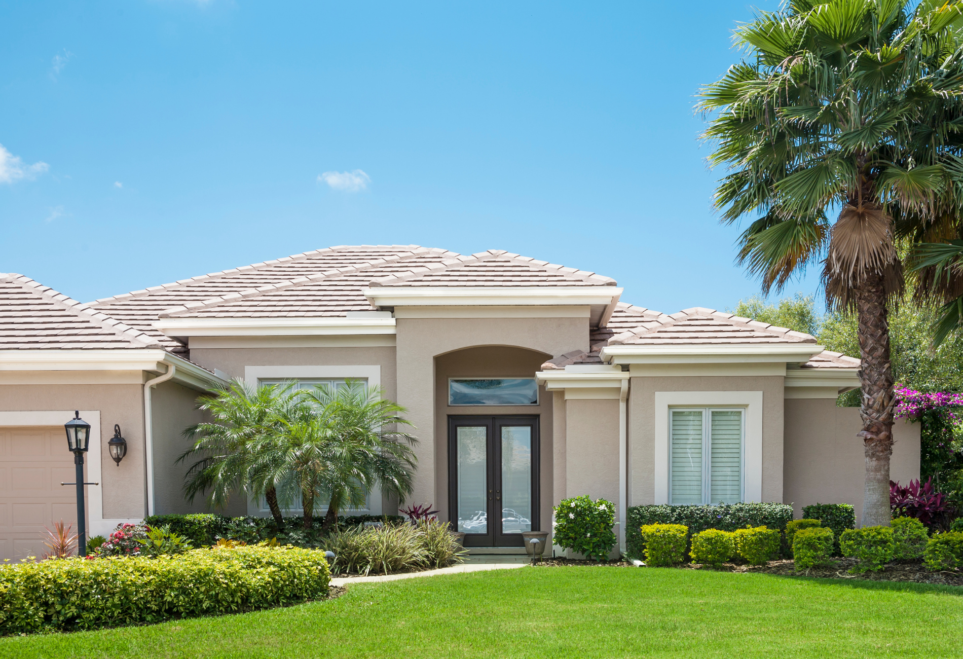 A large house with a lush green lawn and a palm tree in front of it.